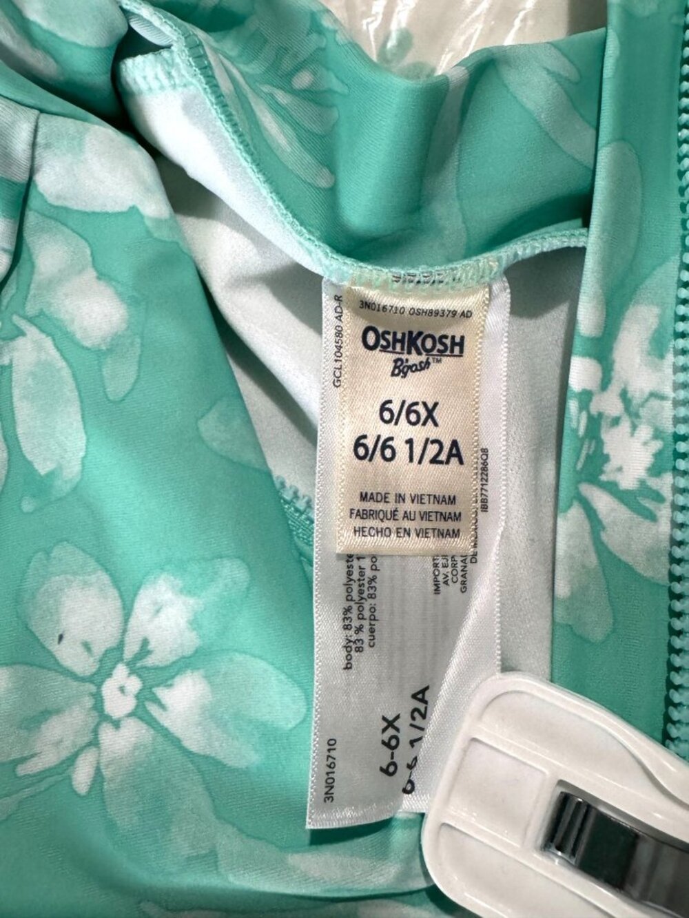 OshKosh Bgosh Girls Floral Long Sleeve One-Piece Swimsuit UPF 50+ Green Size 6/6 - Picture 3 of 7